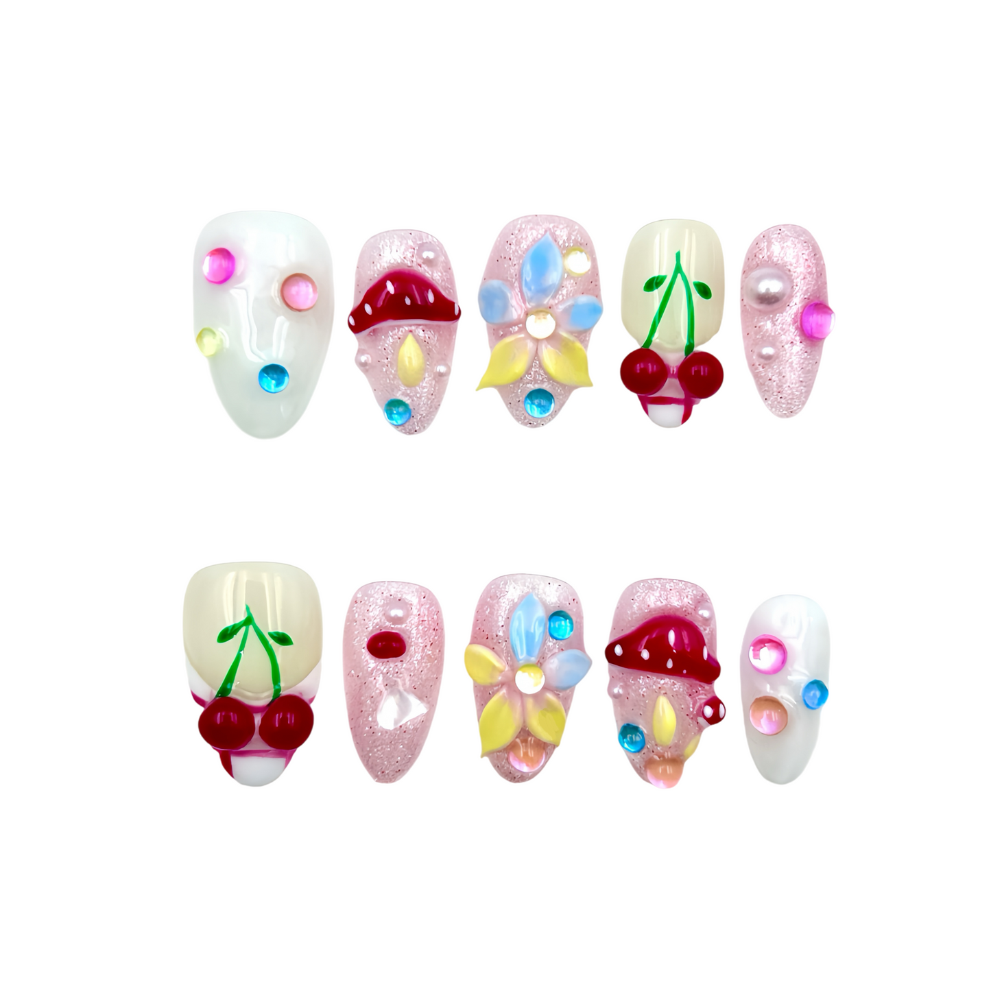 Mushroom Cherry Press-On Nails - Multi-Colour Gem False Nails UK