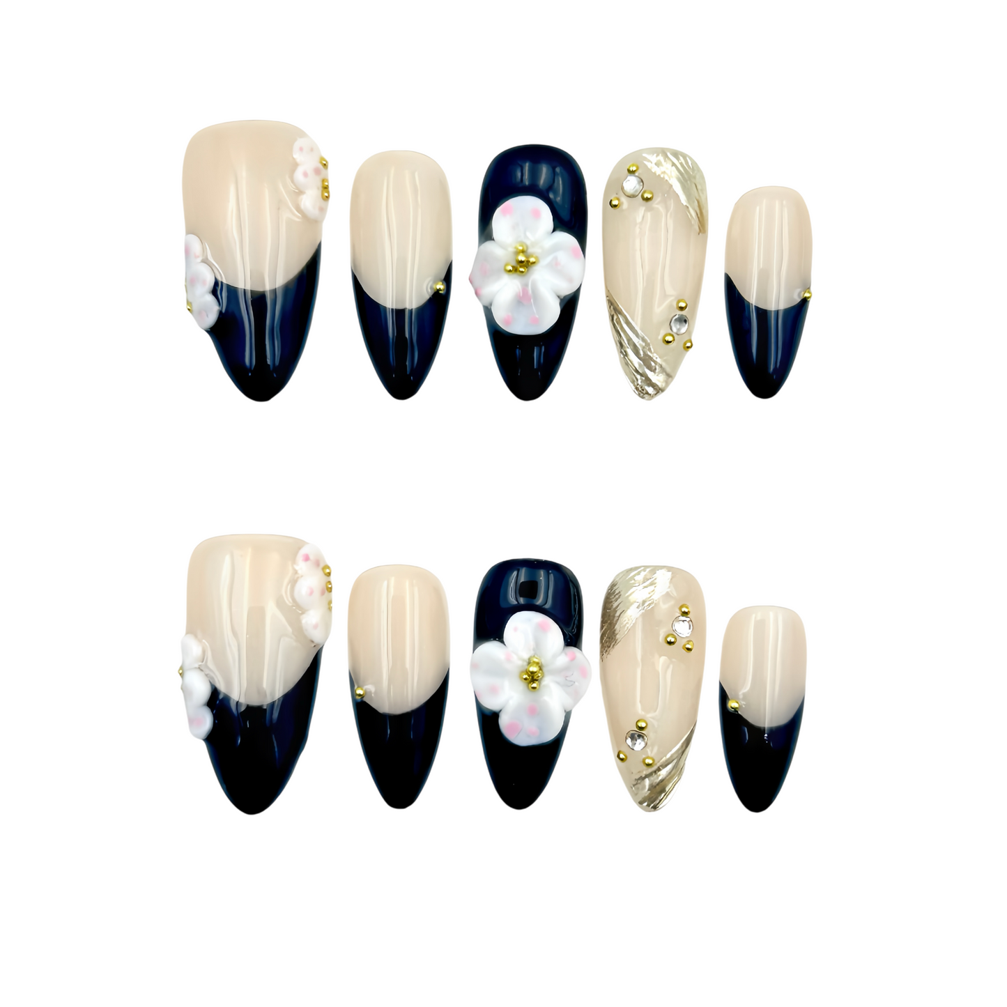 Navy White Floral Press-On Nails - Gold Accent False Nails UK