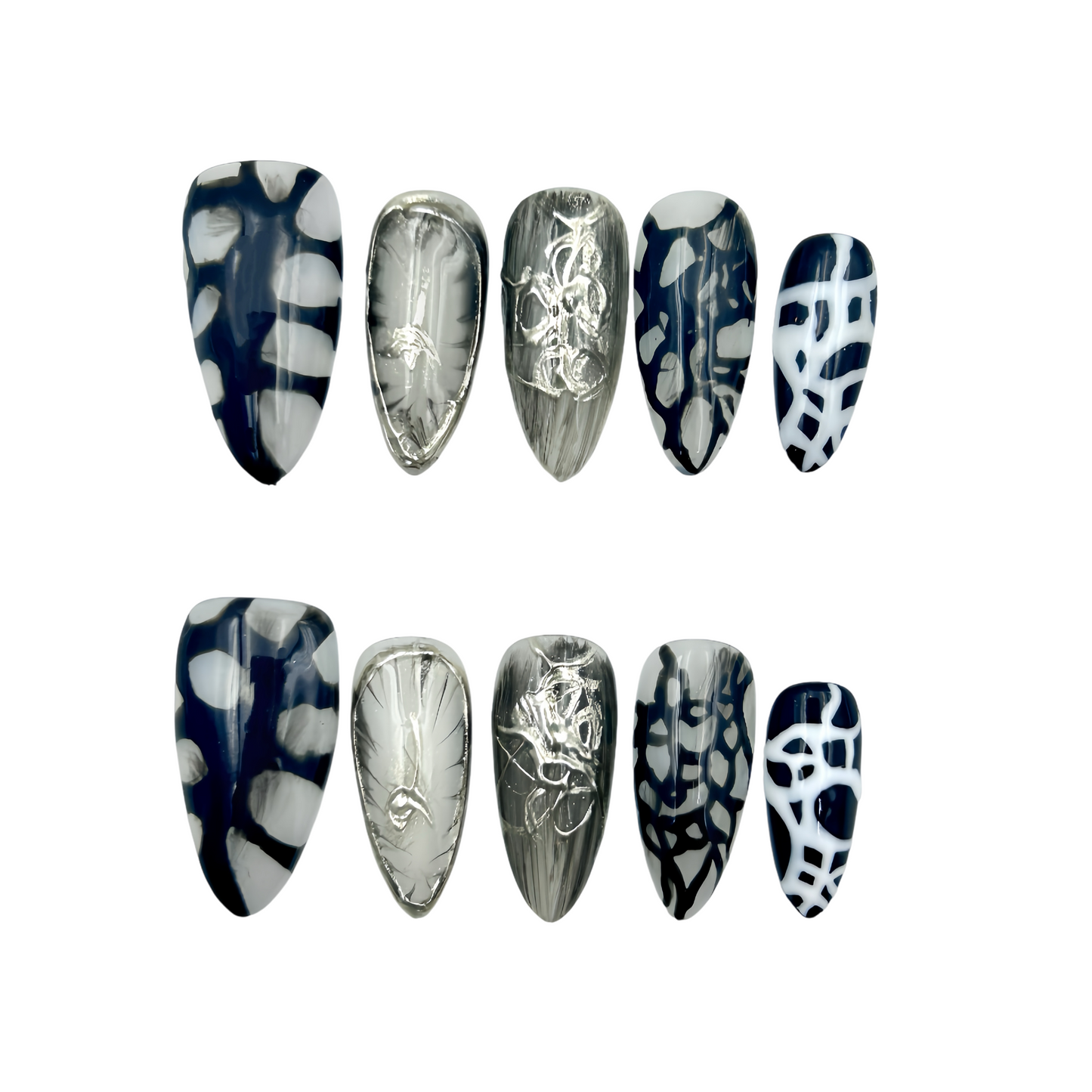 Black White Marble Press-On Nails - Silver Art False Nails UK
