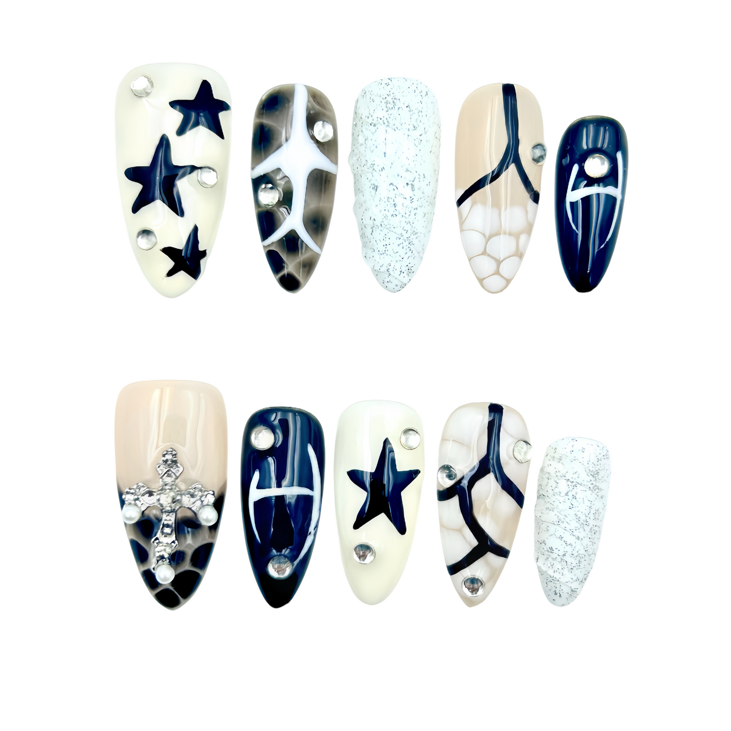 Navy Star Cross Press-On Nails - Sparkle Art False Nails UK