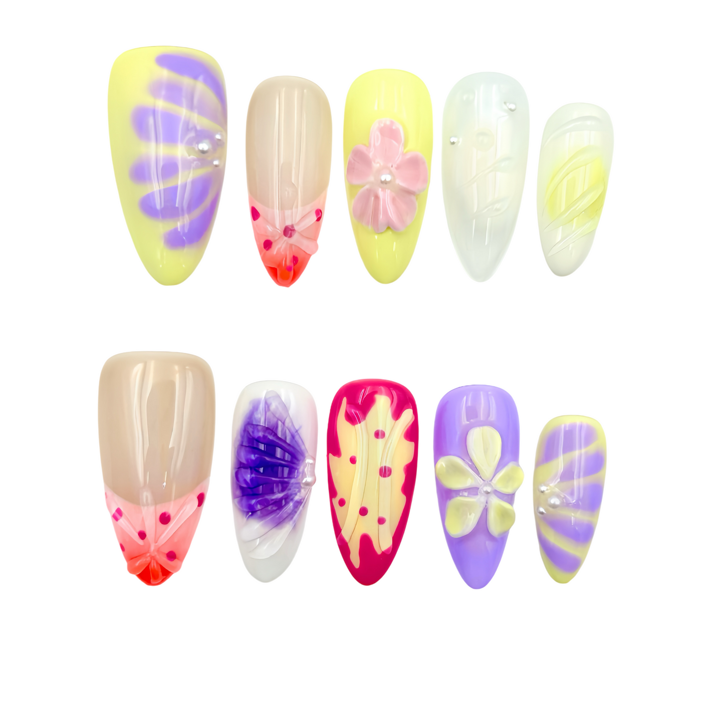Yellow Purple Floral Press-On Nails - Pearl Accent False Nails UK