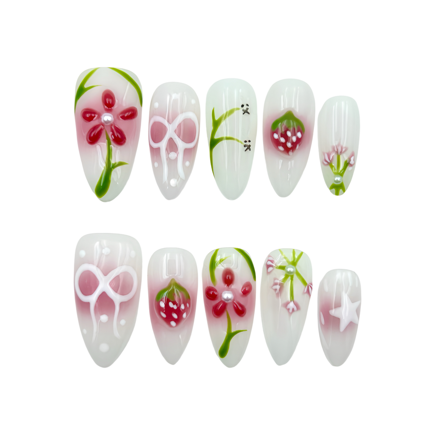 White Pink Floral Press-On Nails - Strawberry Art False Nails UK