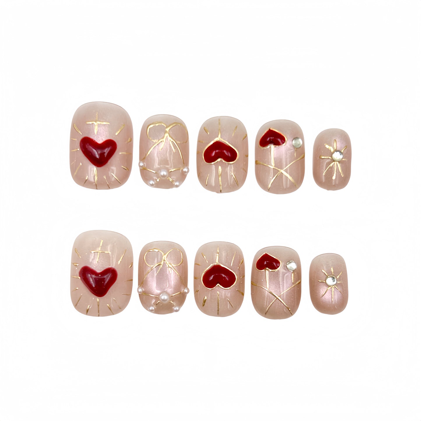 Blush Red Heart Press-On Nails - Gold Line False Nails UK
