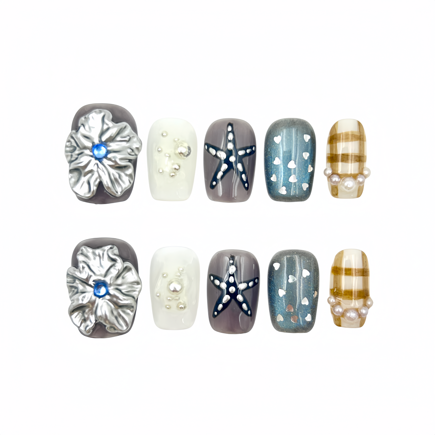 Navy Star Flower Press-On Nails - Pearl Accent False Nails UK