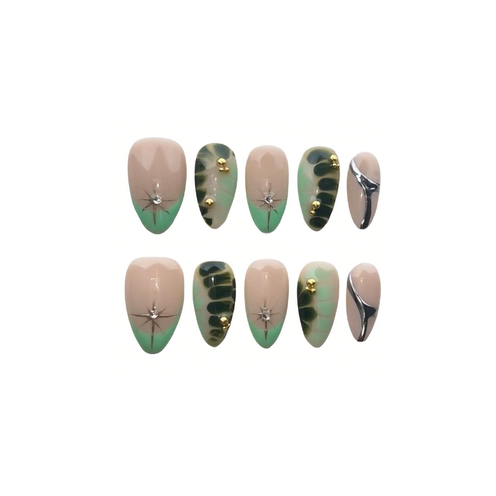 Trendy Chrome & Green Marble Press-On Nails – Handmade Nail Art Set