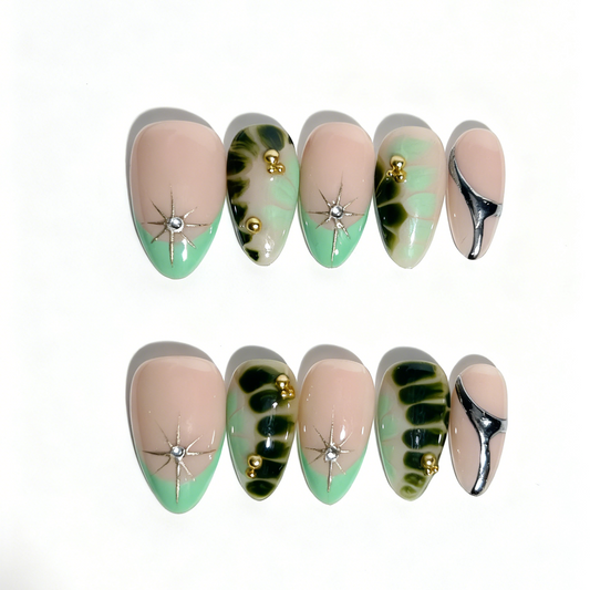 Trendy Chrome & Green Marble Press-On Nails – Handmade Nail Art Set