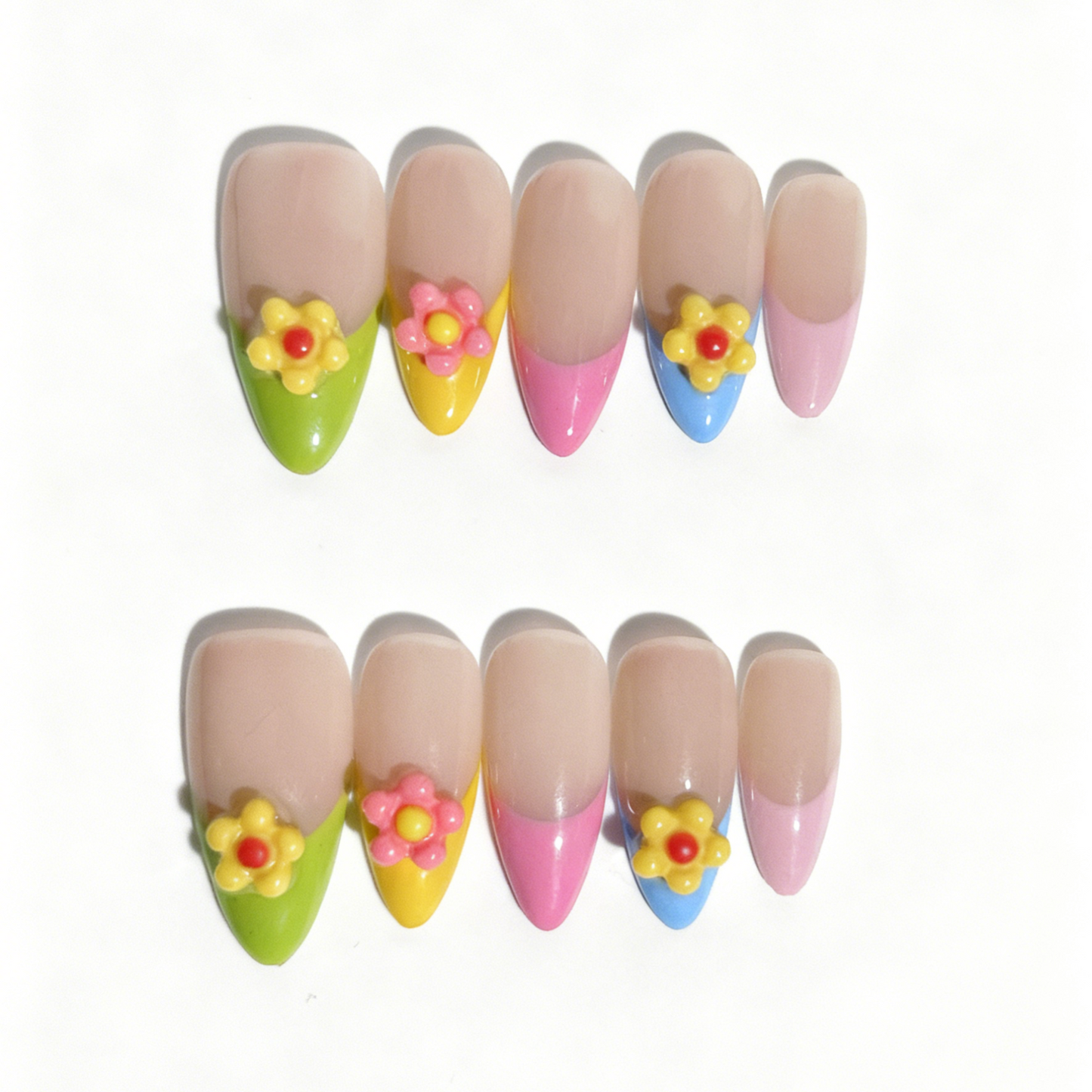 Pastel Blossom Press-On Nails with 3D Floral Charms – Colourful French Tip Set
