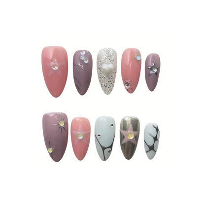 Y2K Star & Rhinestone Nail Art - Pink Purple Silver Aesthetic Press On Nails UK
