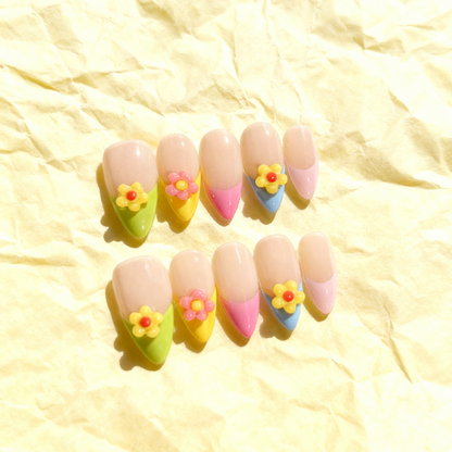 Pastel Blossom Press-On Nails with 3D Floral Charms – Colourful French Tip Set