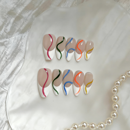 Abstract Color Wave Press-On Nails – Elegant Nude French Tips with Artistic Swirls | Reusable Nail Set