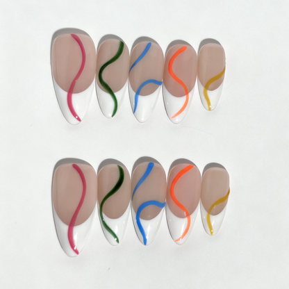 Abstract Color Wave Press-On Nails – Elegant Nude French Tips with Artistic Swirls | Reusable Nail Set