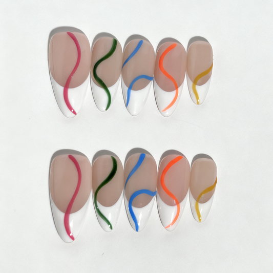 Abstract Color Wave Press-On Nails – Elegant Nude French Tips with Artistic Swirls | Reusable Nail Set