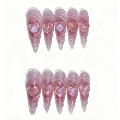 Glitter Pink Aura Nails with 3D Heart Charms – Long Sculpted Press-On Set