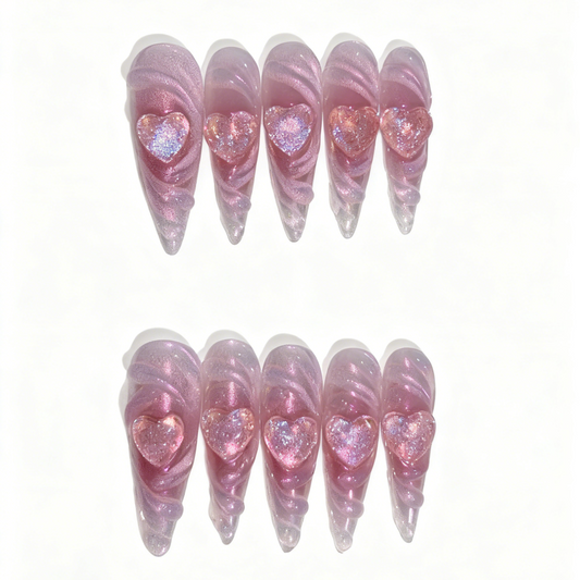 Glitter Pink Aura Nails with 3D Heart Charms – Long Sculpted Press-On Set