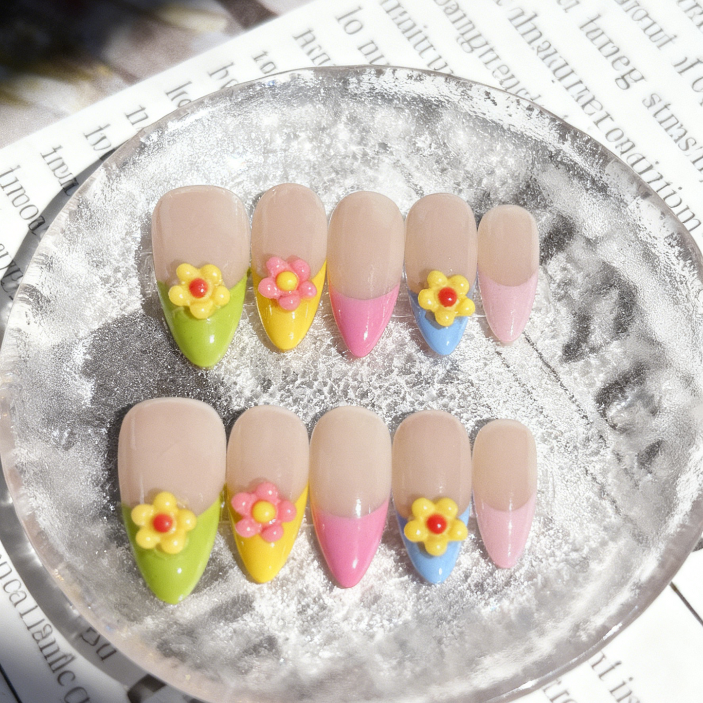 Pastel Blossom Press-On Nails with 3D Floral Charms – Colourful French Tip Set