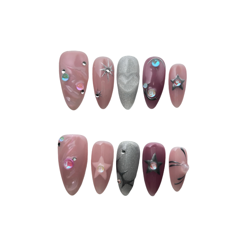 Girly Star & Glitter Nail Set - Pink Burgundy Silver 3D Decor Press On Nails UK