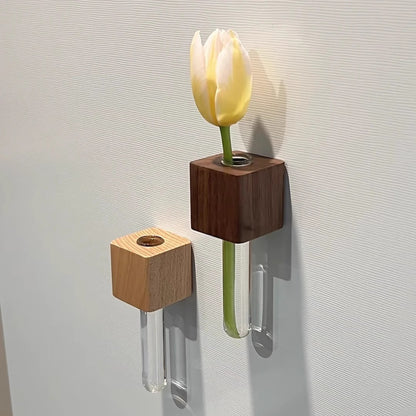 Solid Wood Magnetic Flower Vase – Creative 3D Fridge Magnet Decoration (Walnut / Beech, 10×3.5cm)