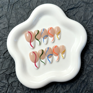 Abstract Color Wave Press-On Nails – Elegant Nude French Tips with Artistic Swirls | Reusable Nail Set