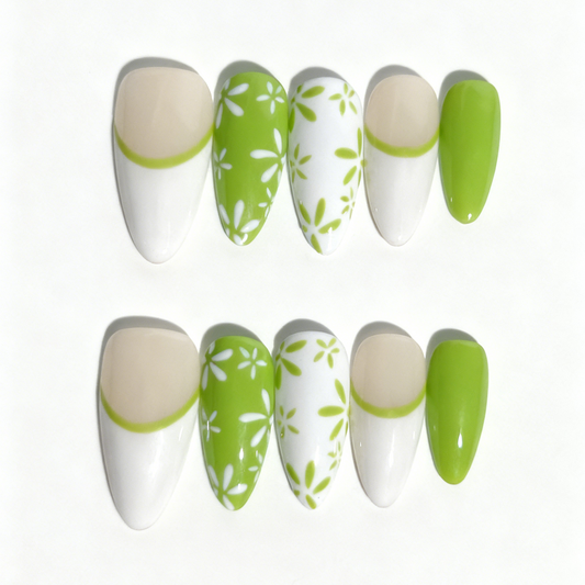 Spring Green Floral French Tip Nails - White Floral Pattern Press Ons for Summer UK