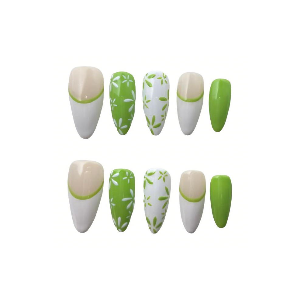 Spring Green Floral French Tip Nails - White Floral Pattern Press Ons for Summer UK