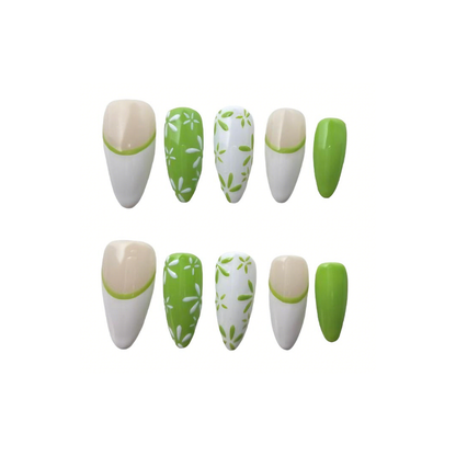 Spring Green Floral French Tip Nails - White Floral Pattern Press Ons for Summer UK