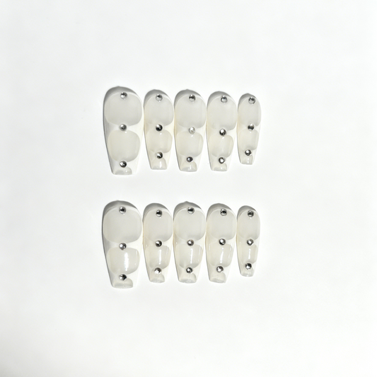 Minimalist White Rhinestone Nails - Elegant Clear Press On Nails with Silver Studs UK
