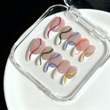 Abstract Color Wave Press-On Nails – Elegant Nude French Tips with Artistic Swirls | Reusable Nail Set