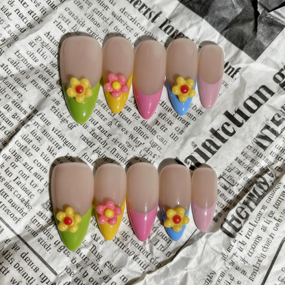 Pastel Blossom Press-On Nails with 3D Floral Charms – Colourful French Tip Set