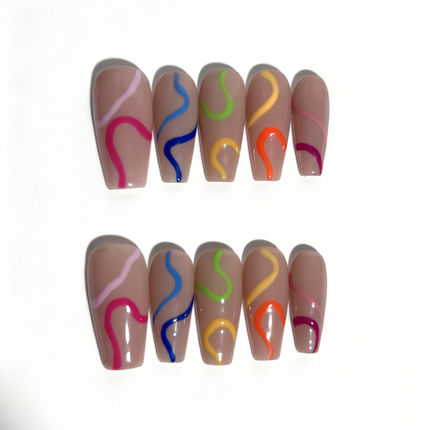 Rainbow Swirl Nude Nails - Colorful Wavy Line Art Press On Nails for Festival UK