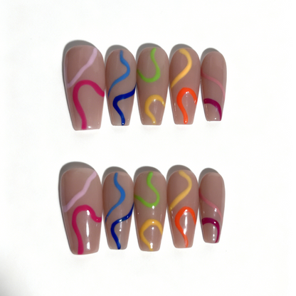 Rainbow Swirl Nude Nails - Colorful Wavy Line Art Press On Nails for Festival UK