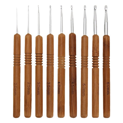 Bamboo Handle Crochet Hook Set – 9pcs Gold/Silver Aluminium Hooks (2.0mm–6.0mm)