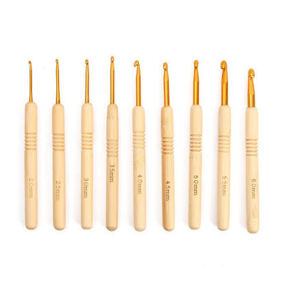 Bamboo Handle Crochet Hook Set – 9pcs Gold/Silver Aluminium Hooks (2.0mm–6.0mm)