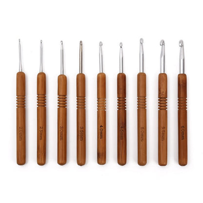 Bamboo Handle Crochet Hook Set – 9pcs Gold/Silver Aluminium Hooks (2.0mm–6.0mm)