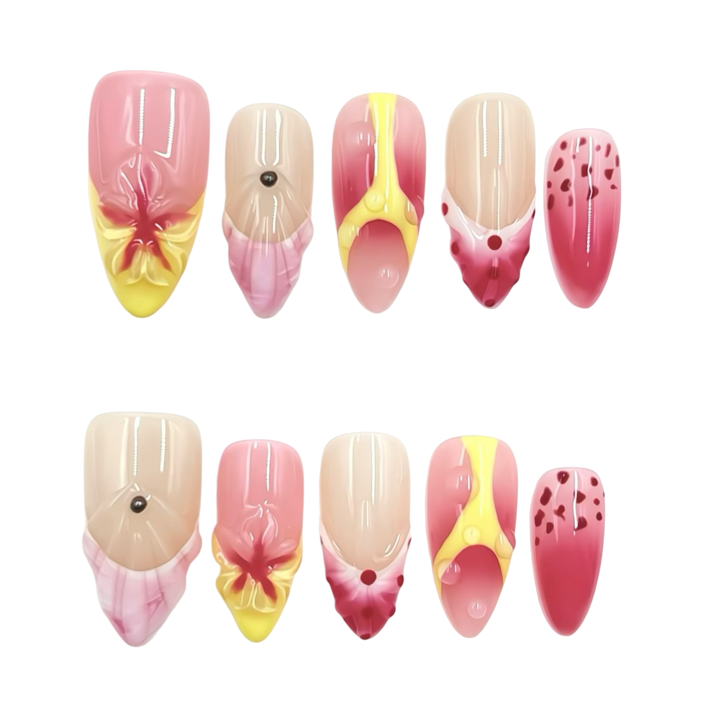 3D Floral Pink Yellow Press-On Nails - Luxury False Nails UK