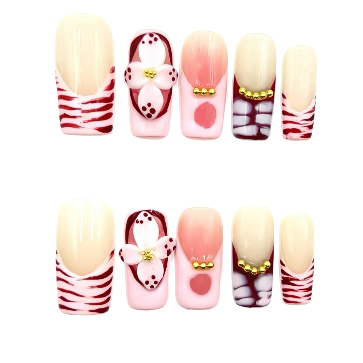 Red White Floral Press-On Nails - Glitter Gold Accent Nails UK