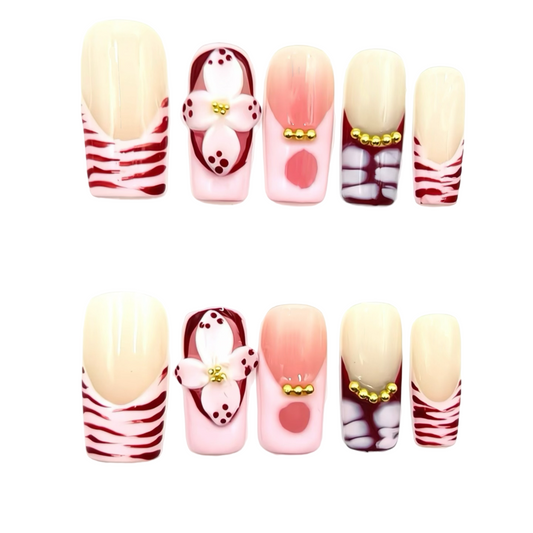 Red White Floral Press-On Nails - Glitter Gold Accent Nails UK