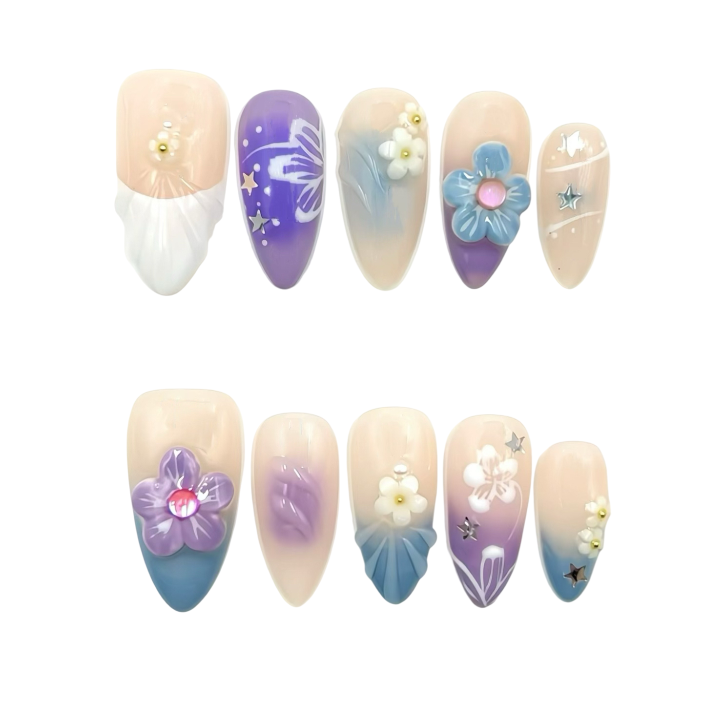 Purple Blue Floral Press-On Nails - Pearl Star False Nails Women UK