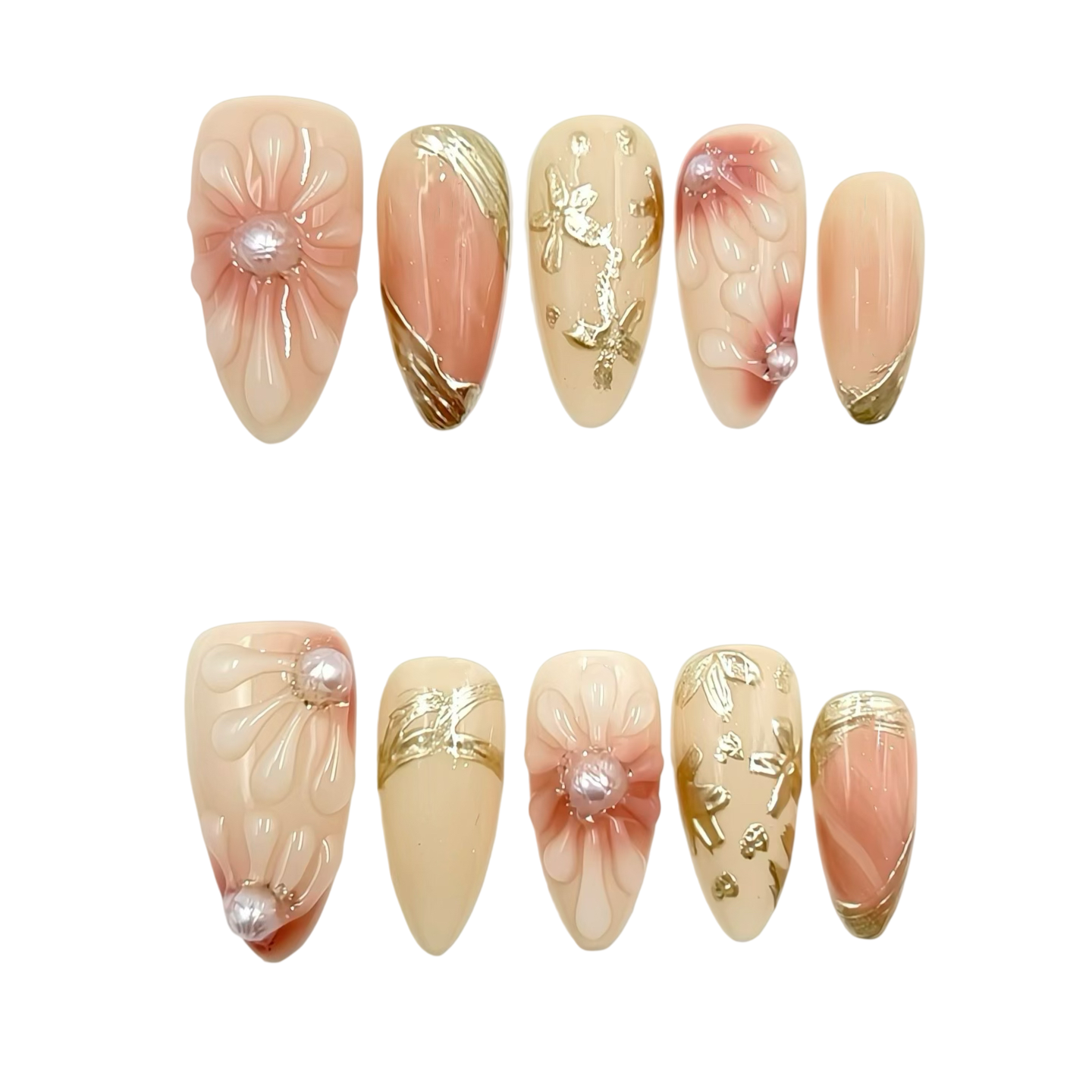 Cream Gold Floral Press-On Nails - Pearl Accent False Nails UK