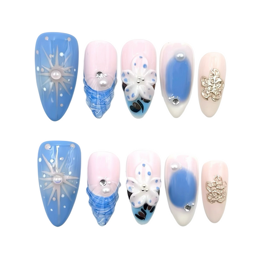 Blue Pink Floral Press-On Nails - Pearl Star Glitter Nails UK