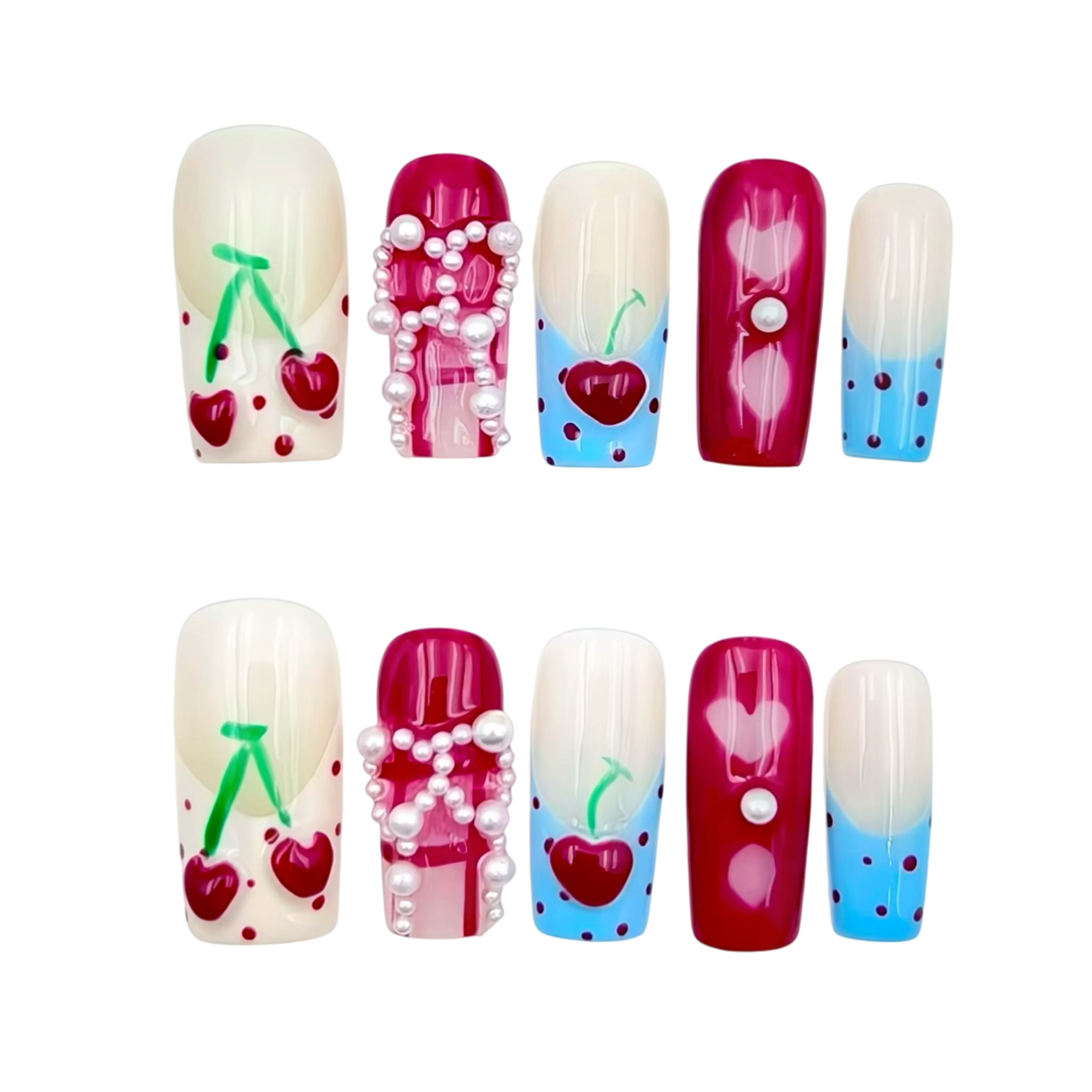 Cherry Pearl Press-On Nails - Red Blue False Nails for Ladies UK