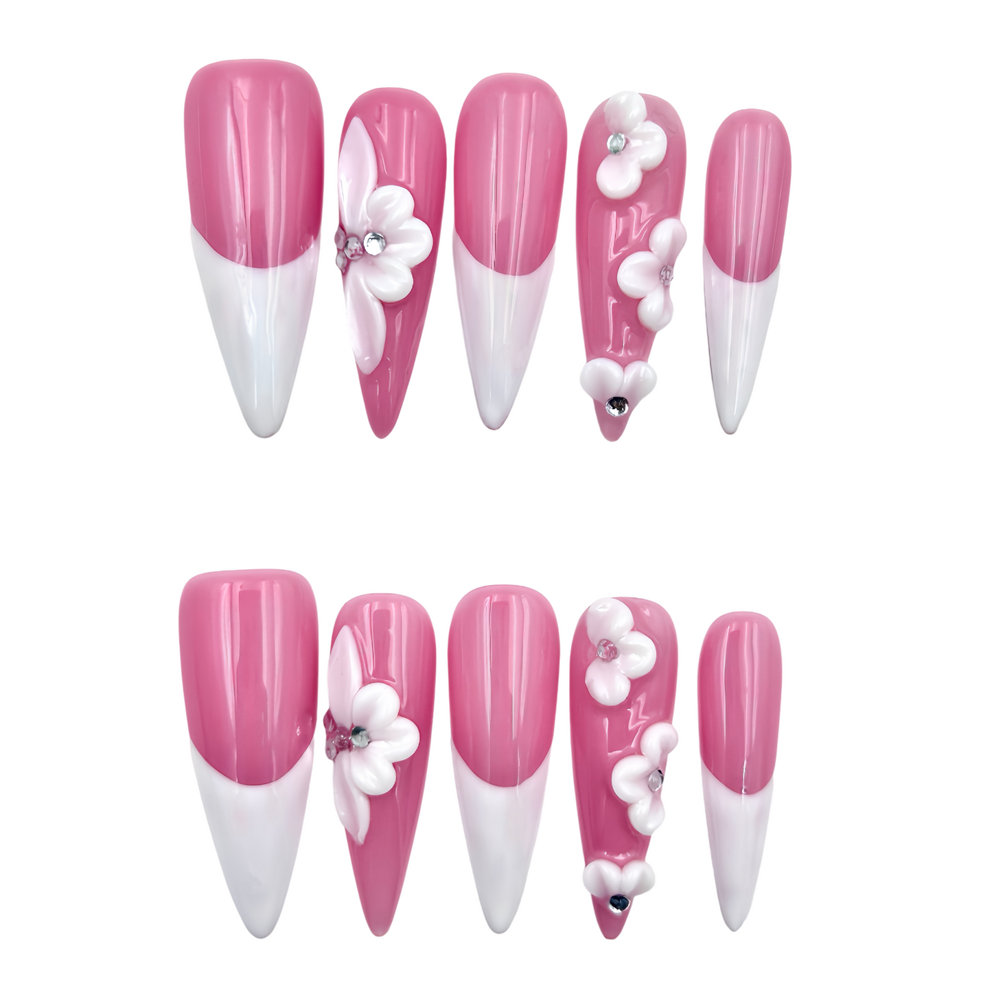 Pink White Floral Press-On Nails - Jewel Accent False Nails UK