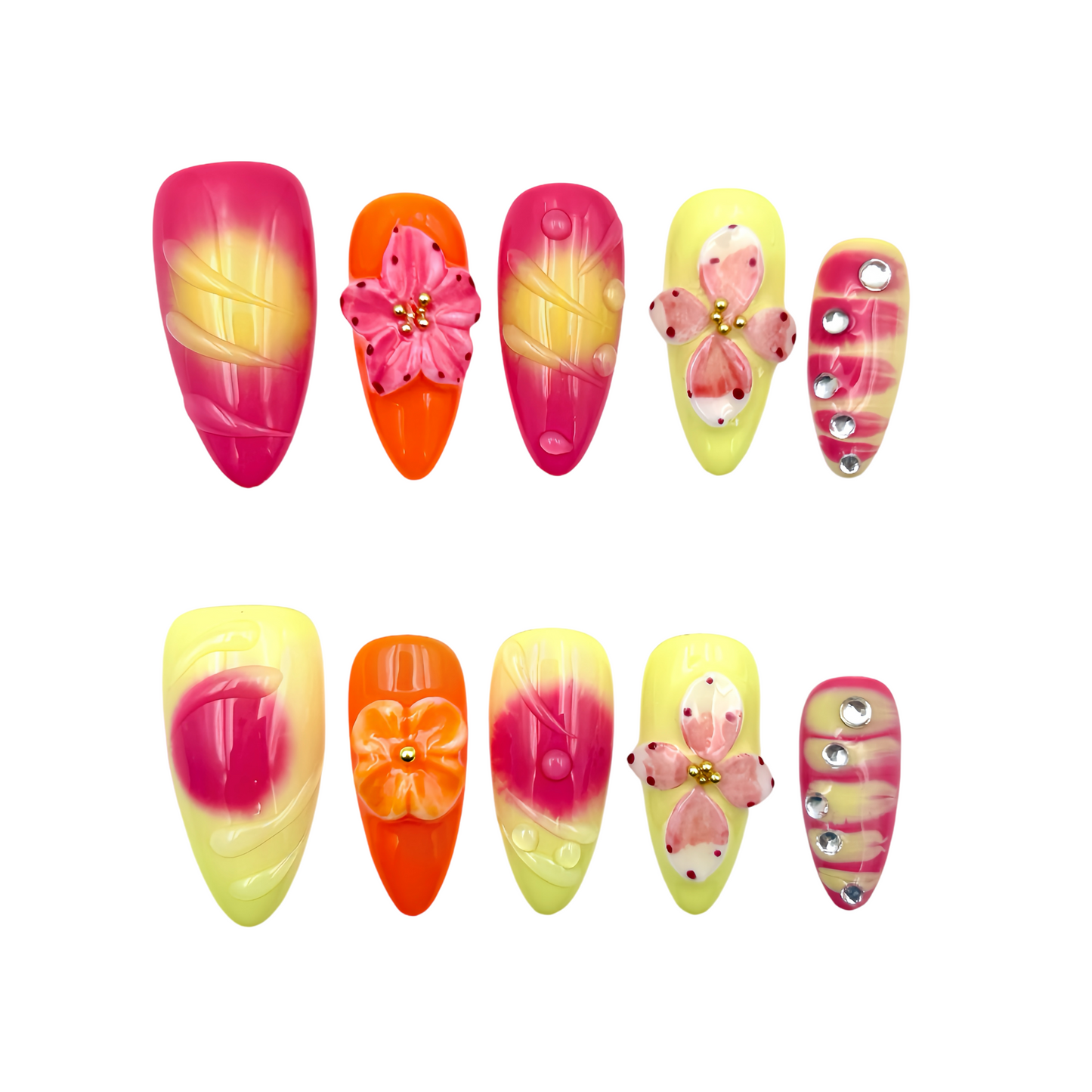 Neon Pink Yellow Press-On Nails - Floral Jewel False Nails UK