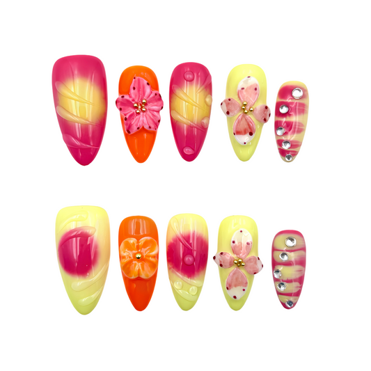 Neon Pink Yellow Press-On Nails - Floral Jewel False Nails UK