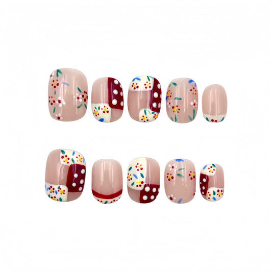 Beige Red Floral Press-On Nails - Polka Dot Art False Nails UK