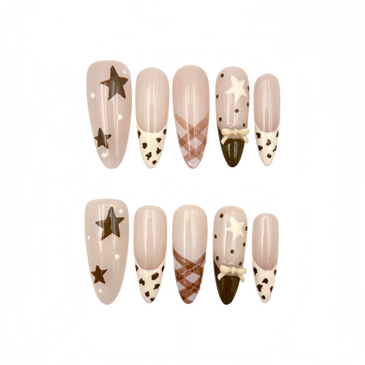 Beige Brown Star Press-On Nails - Bow Accent False Nails UK