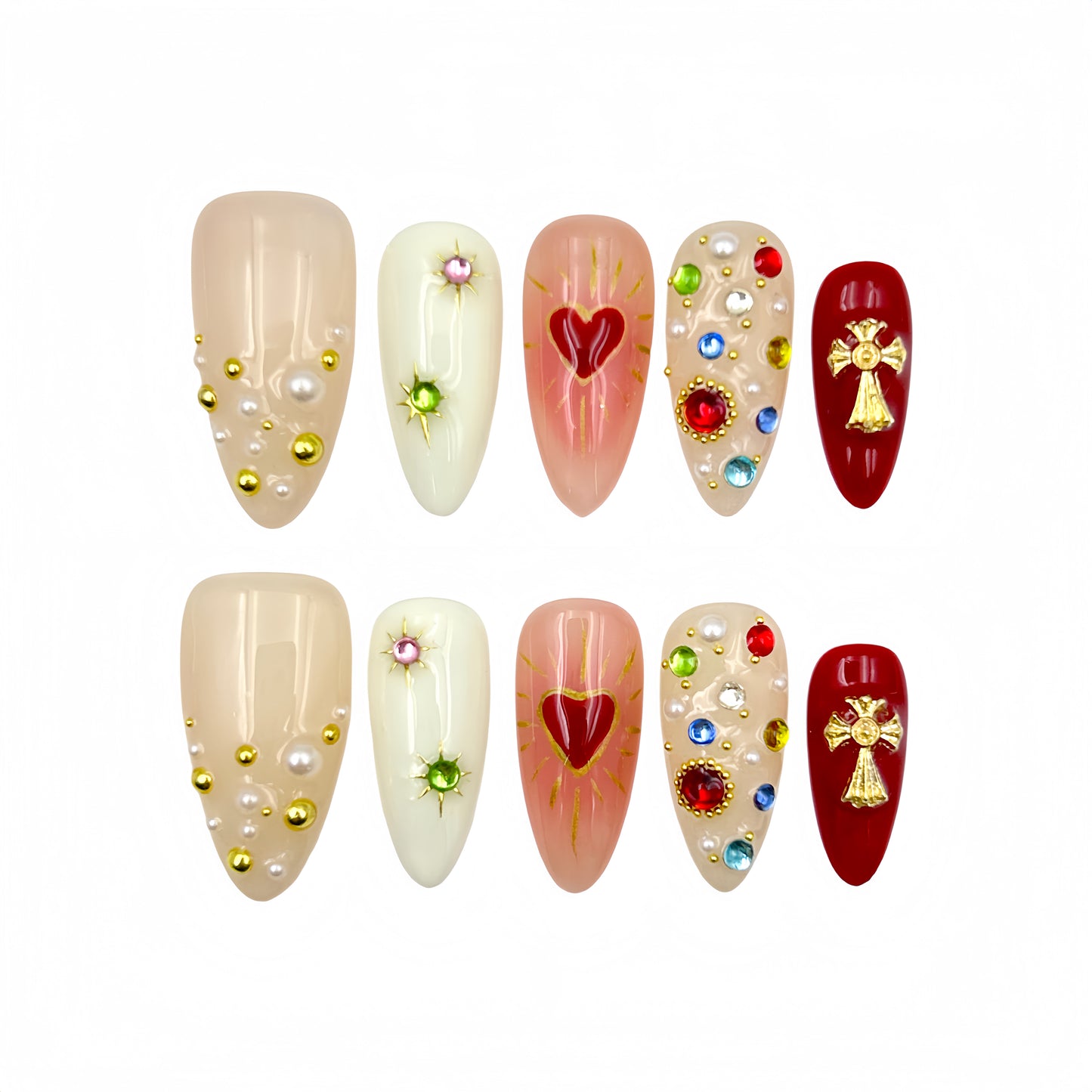 Nude Red Heart Press-On Nails - Jewel Cross False Nails UK