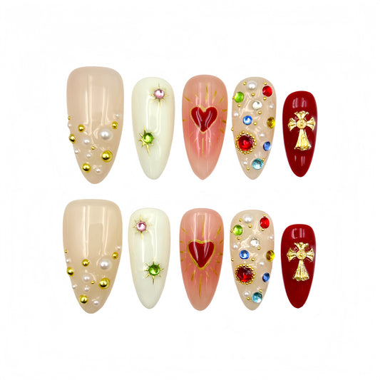 Nude Red Heart Press-On Nails - Jewel Cross False Nails UK