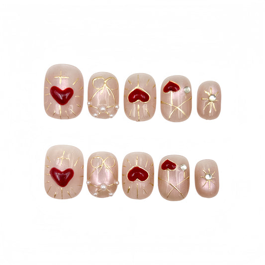 Blush Red Heart Press-On Nails - Gold Line False Nails UK