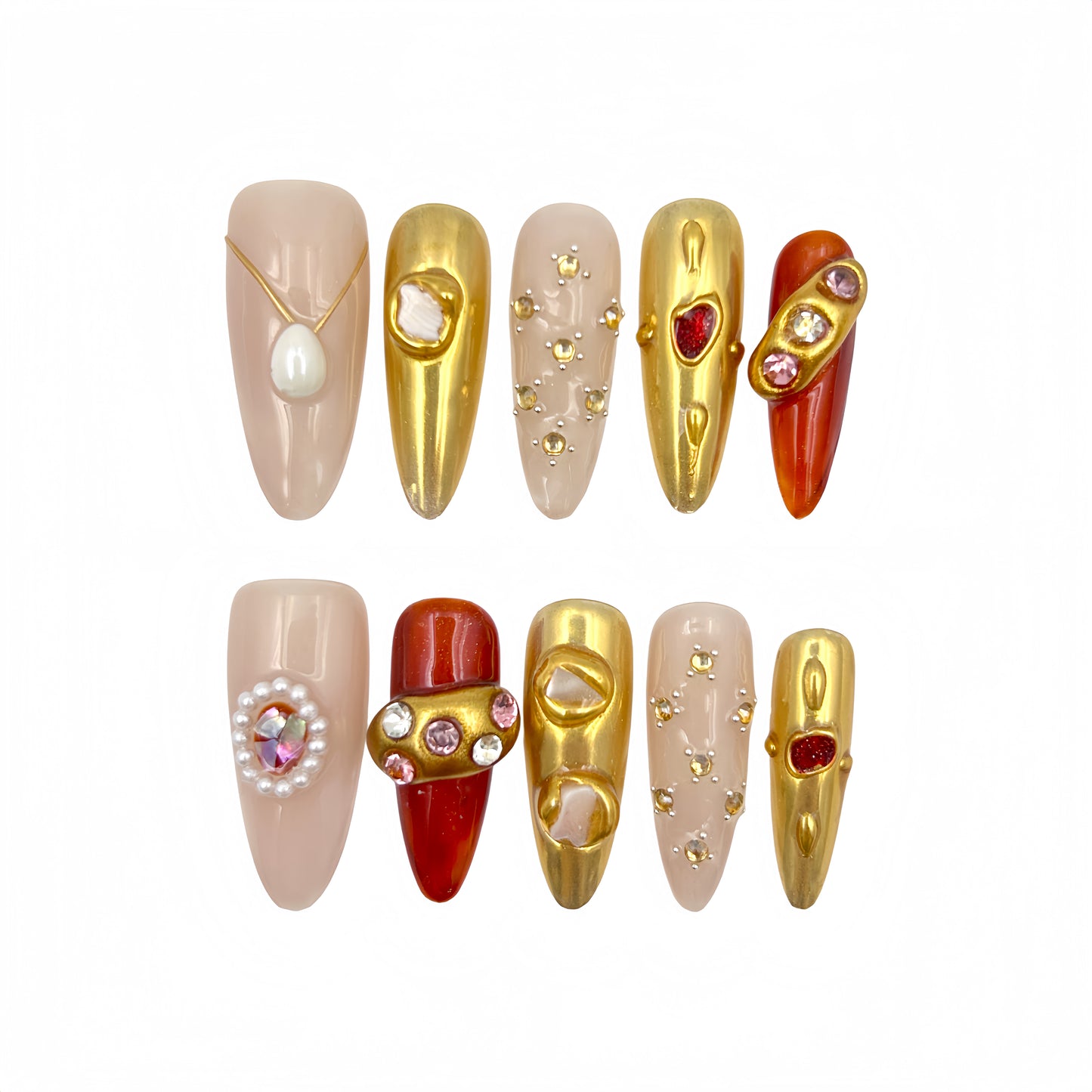 Nude Gold Gem Press-On Nails - Pearl Accent False Nails UK