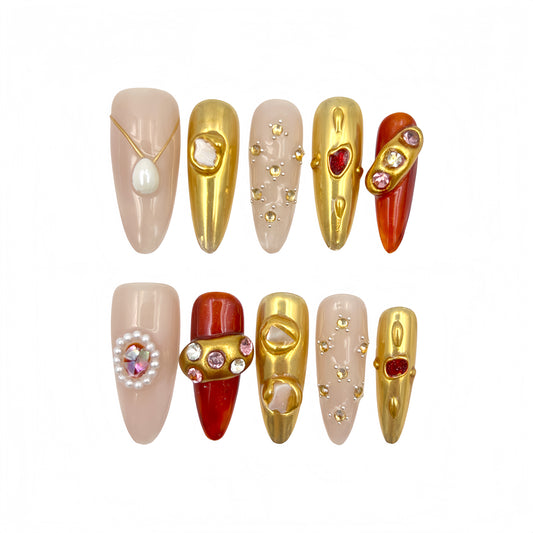 Nude Gold Gem Press-On Nails - Pearl Accent False Nails UK